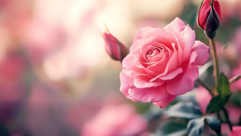 Pink rose in soft focus garden setting with blooms.