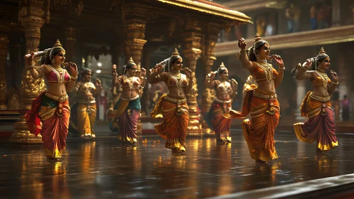 Dancers perform classical Indian routine in ornate temple