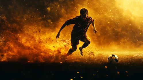 Soccer player runs toward ball through intense fiery light