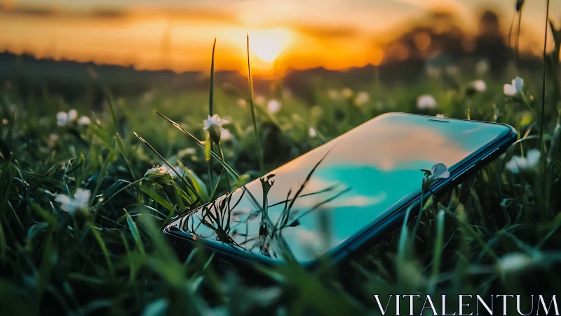 Smartphone lying in grass under warm sunset light.