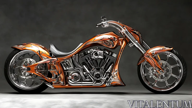 Custom chopper motorcycle showcases chrome engine and orange frame