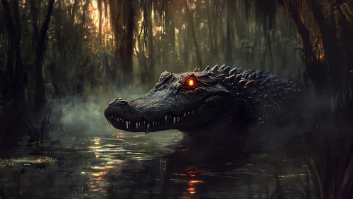 Bioluminescent-eyed swamp crocodile emerges through volumetric fog