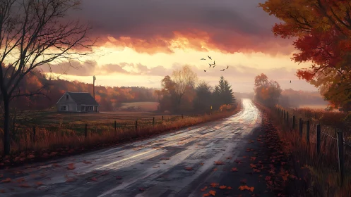 Rural roadway and farmhouse in overcast autumn landscape.