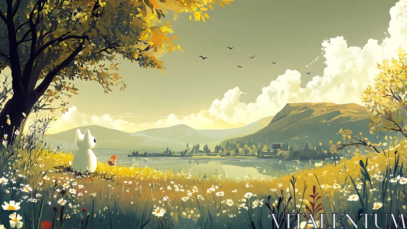 Quiet rabbit gazes across a storybook lake of soft gold