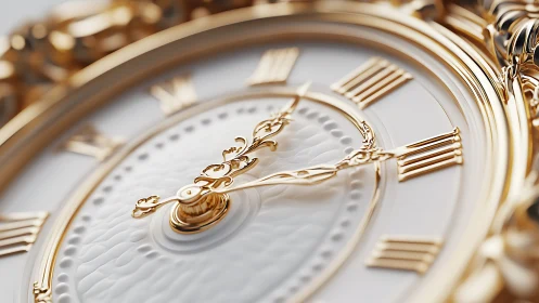 Close view shows ornate gold Roman numeral clock dial