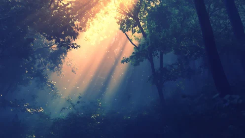 Sunlight penetrates dense forest canopy in early morning haze