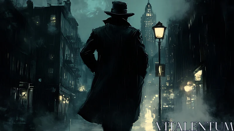 Midnight detective strides through a rain-soaked city street