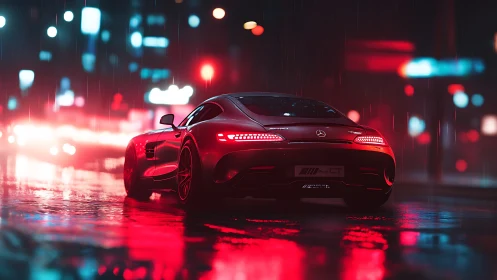 Red sports coupe cuts through neon rain on wet city street