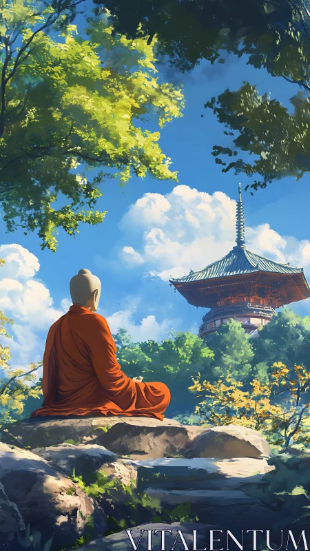 Peaceful monk resting beneath bright temple skies.