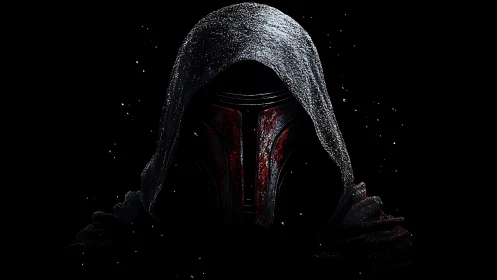 Mysterious hooded warrior waits in darkness with quiet power