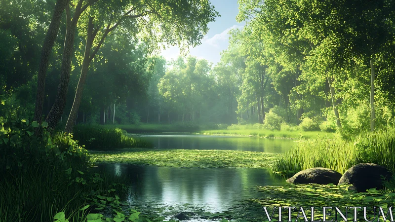 Sunlit forest pond wrapped in soft morning stillness.