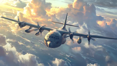 Sunlit propeller plane gliding through glowing clouds.