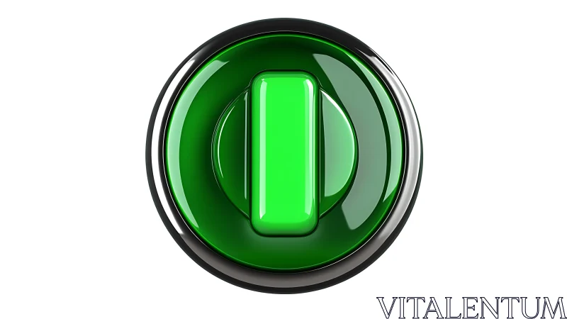 Glossy green power symbol glows within circular button.