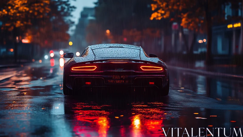 Sleek supercar in neon rain on reflective city street at night.