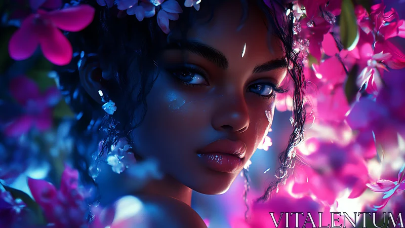 Enchanting flower-crowned gaze in glowing neon garden.