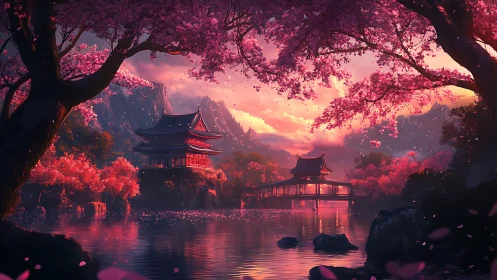 Digital painting of sakura-framed lakeside temple at sunset.