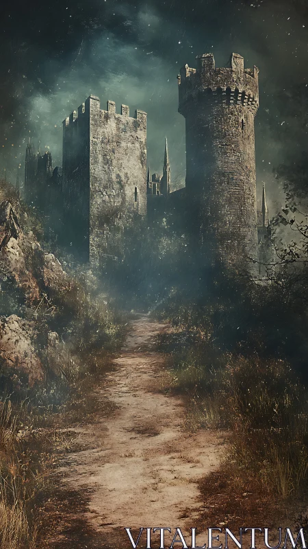 Stormlit stone fortress dominates misty overgrown pathway