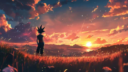 Anime warrior overlooks blazing sunset valley horizon.