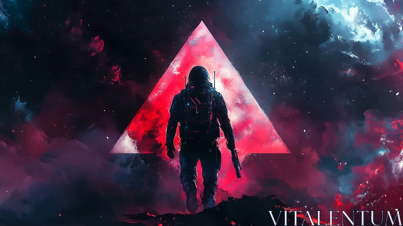 Lone space soldier before glowing red cosmic triangle.
