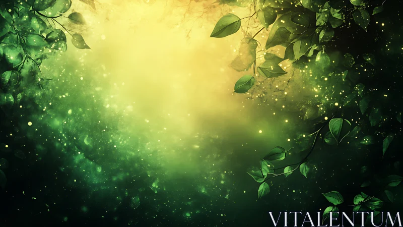 Glowing forest leaves drift gently around soft golden light