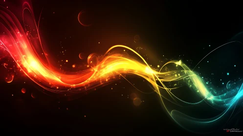 Colorful light waves curve across dark abstract background.