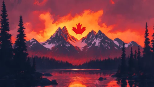 Crimson Canadian mountains glowing over a quiet lake at dusk.