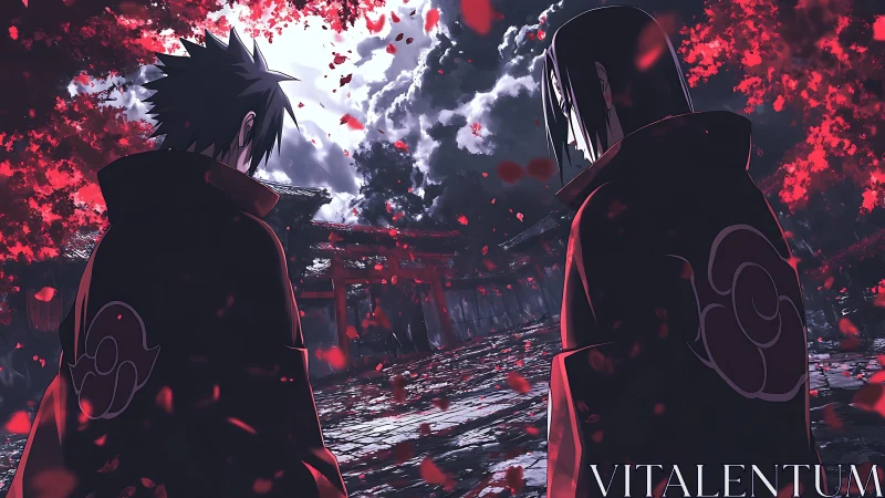 Two cloaked figures share a tense moment under crimson leaves.