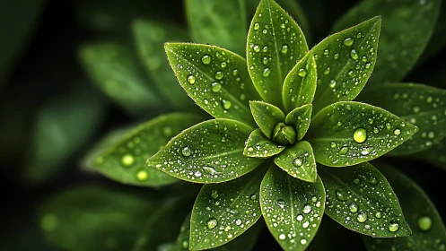 Top view shows symmetrical green plant with water droplets