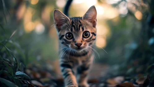 Young Tabby Kitten Emerges Through Misty Garden Light