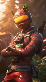 Red sci-fi ranger with visor stands in glowing forest