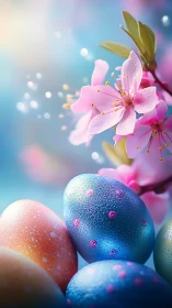 Pastel Easter eggs with pink blossoms in soft focus.