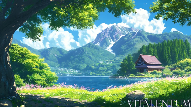 Mountain lake homestead beneath luminous summer sky.