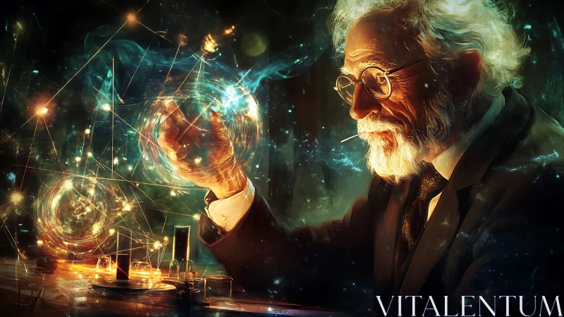 Elderly scientist studies luminous spheres amid abstract networks