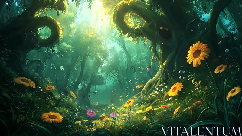 Enchanted Forest Clearing with Golden Sunflowers and Mystical Light