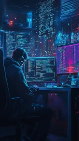 Cyberpunk operator at dual monitors in neon lit code den