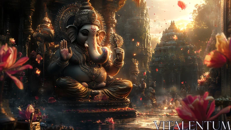Detailed Ganesha statue in ornate temple courtyard at dusk.