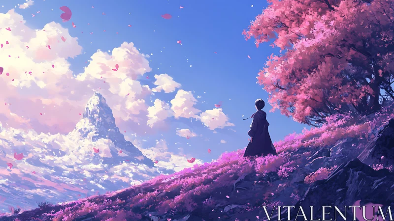 Wide-angle anime vista maps depth with pink foreground slope