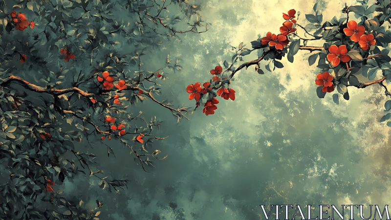 Tranquil Floral Branches in Impressionist Style Digital Painting.