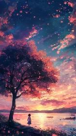 Twilight shoreline girl beneath luminous sakura canopy.