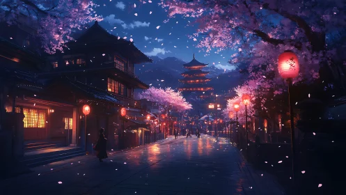 Lantern lit cherry blossom street under a tranquil night sky.
