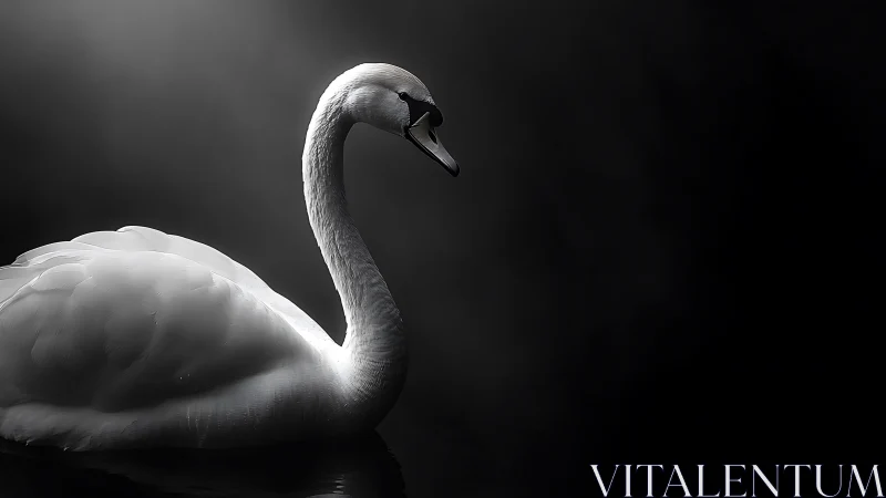 Swan in quiet moonlit glow on a velvety dark lake.