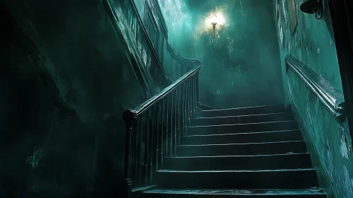 Cinematic teal stairwell with fog and single overhead sconce.