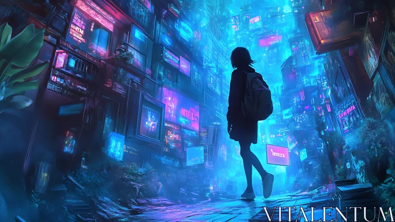 Neon canyon streetscape with solitary urban silhouette figure.