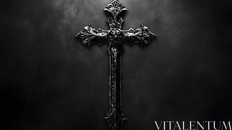 Ornate dark metal cross on textured black background.