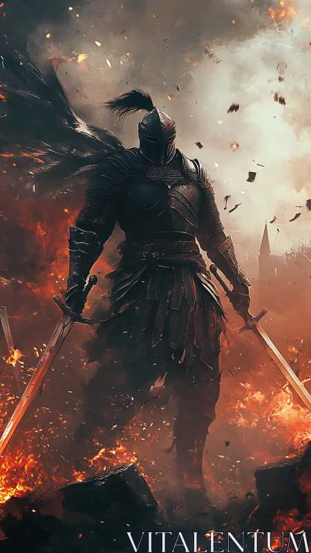Armored dark knight dominates a fiery battlefield in silhouette