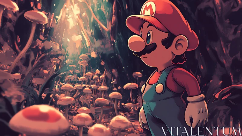 Heroic plumber studies luminous mushroom forest in painterly light