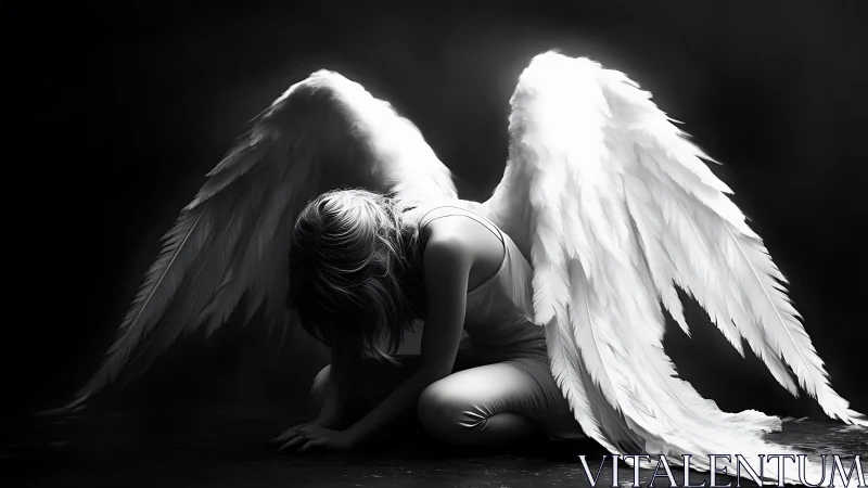 Fallen angel kneeling in chiaroscuro with luminous white wings.