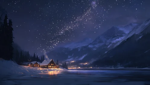 Snowbound cabins under luminous winter milky way sky.