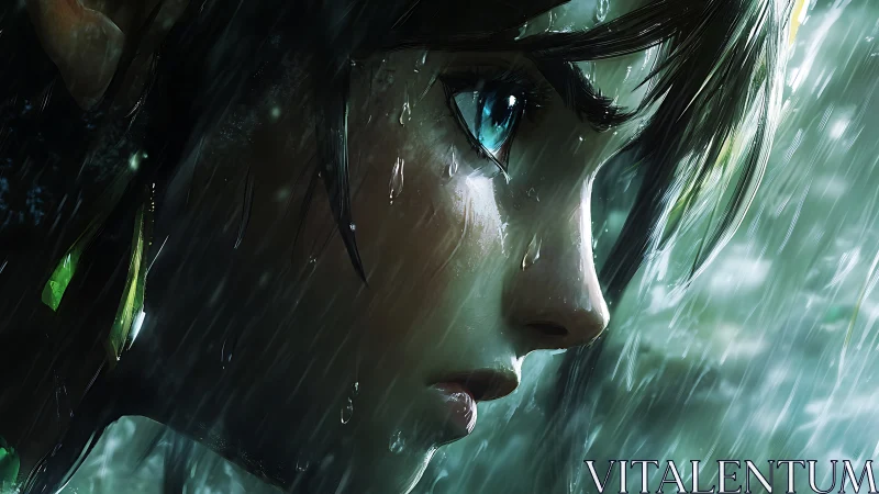 Stoic anime heroine endures driving rain and turmoil.