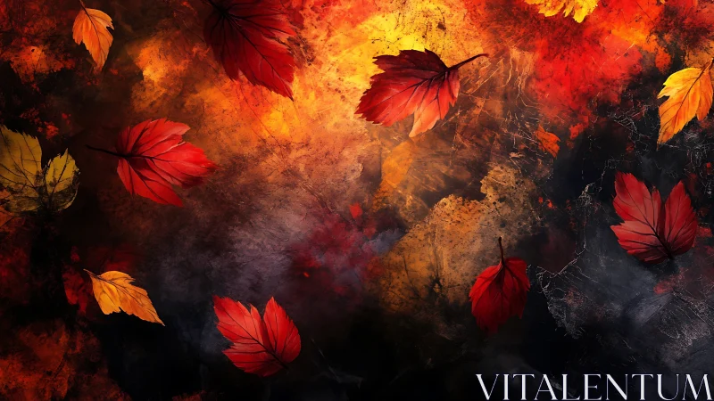 Falling autumn leaves disperse across a textured fiery background